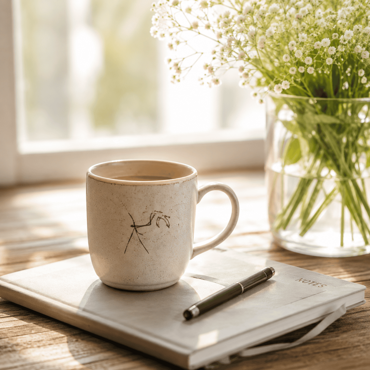 A cup of coffee beside a notebook in a bright, peaceful setting.