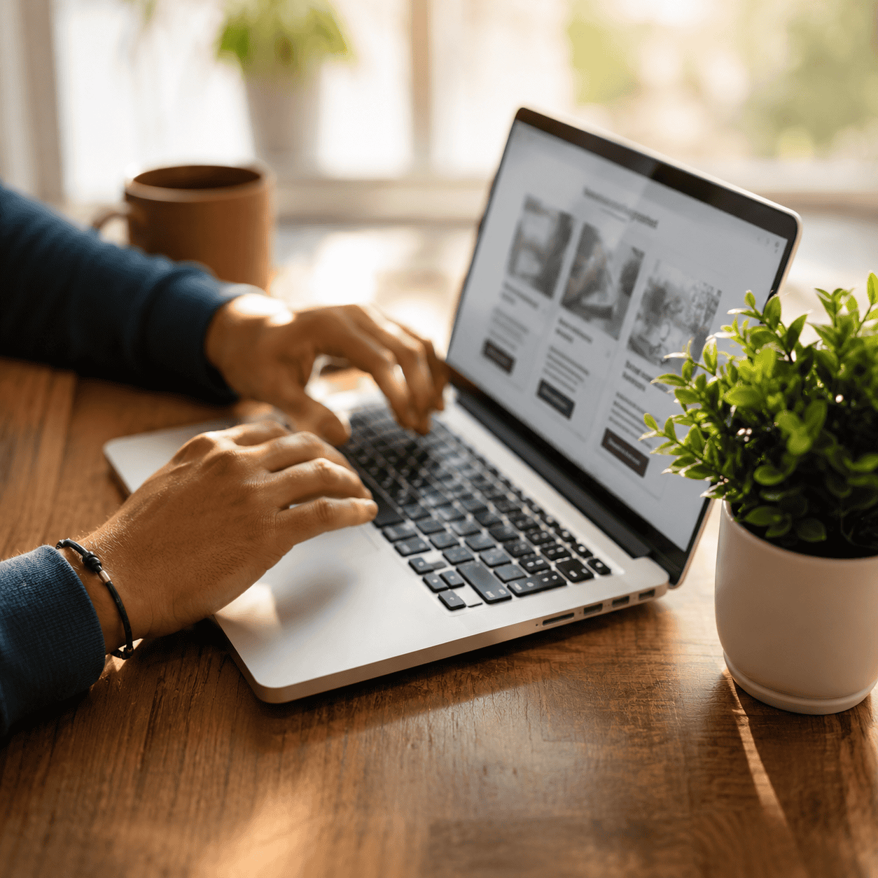 Hands using a laptop to connect with the MOMYS online community.